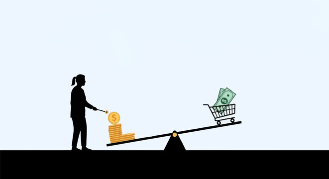 Silhouette of a woman placing a gold coin onto a stack on a seesaw lever, balancing it against a shopping trolley filled with dollar bills on a light blue background.
