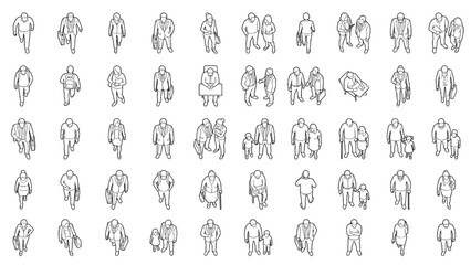 Obraz premium Top View Human Figure CAD Style Reference Set with Walking and Standing People Symbols