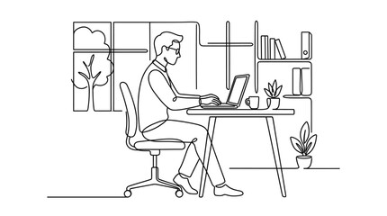 Fototapeta premium Man working on laptop at desk in minimalist office, line art illustration.
