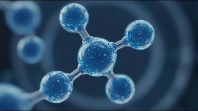 clean, scientific 3D render of transparent blue molecules in a tetrahedral arrangement, symbolizing chemistry, biotechnology, and medical innovation with a dark, futuristic aesthetic