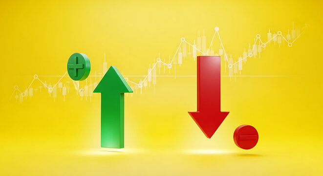 Green upward arrow and red downward arrow with financial chart on yellow background finance market stock