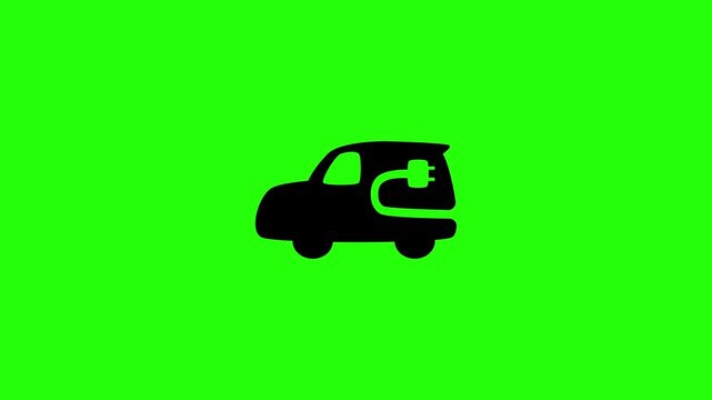 4K horizontal video clip showcasing a compact electric mini van vehicle with an attached power outlet plug bouncing. Clean popup icon graphic for urban eco commercial delivery logistics media content.