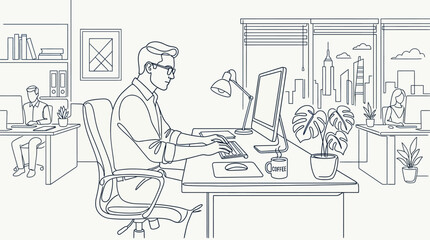 Fototapeta premium Office Worker at Desk: Modern Workspace Illustration