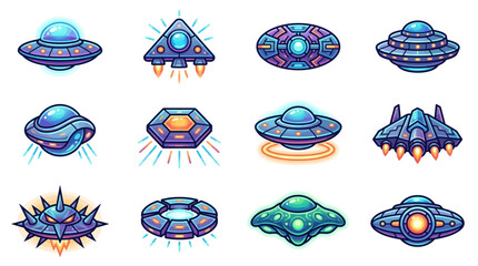 Collection of futuristic alien spacecraft and flying saucers. © Alya