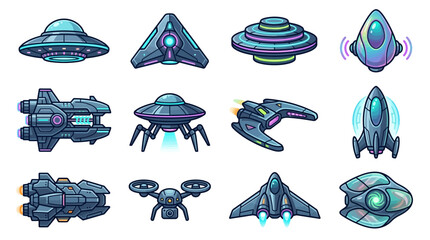 Collection of futuristic alien spacecraft and flying saucers. © Alya