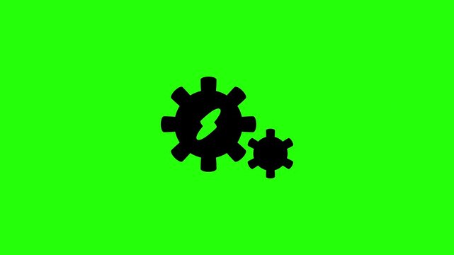 Creative 4K horizontal motion asset containing double interlocking gear wheels with an inner electric lightning bolt core bouncing dynamically. Unique energetic popup graphic for heavy duty automated 