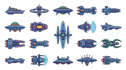 Collection of futuristic spacecraft and alien UFOs in pixel art style. © Alya