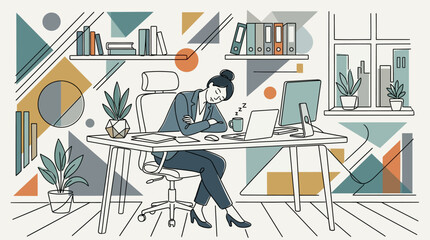 Fototapeta premium Tired businesswoman sleeping at desk in modern office illustration