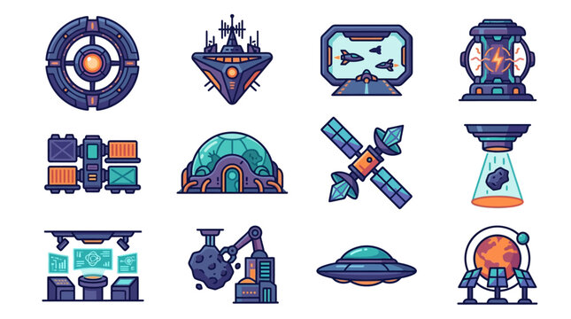 Collection of Futuristic Sci-Fi Technology Icons and Symbols.