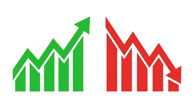Two bar graphs one green rising one red falling on white background chart