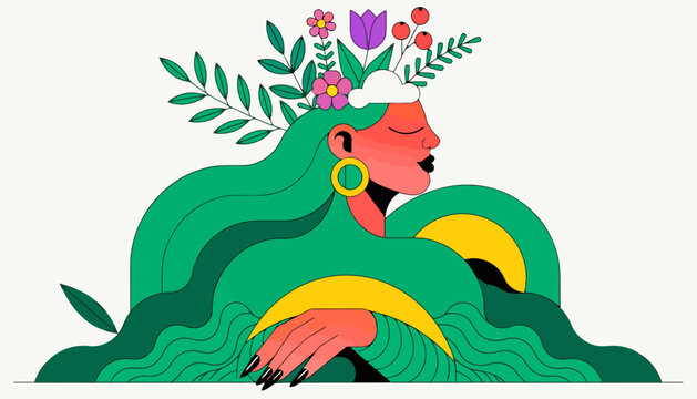Abstract portrait of a woman with green wavy hair and floral crown representing nature and growth in flat vector design portrait abstract illustration botanical womanhood stylized colorful