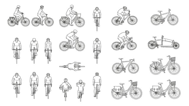 Bicycle and Cyclist Multi Perspective Outline Set with Front Side and Top CAD Figures