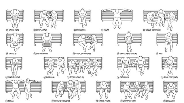 Top View Park Bench Sitting People Outline Set with Technical Overhead Plan Poses