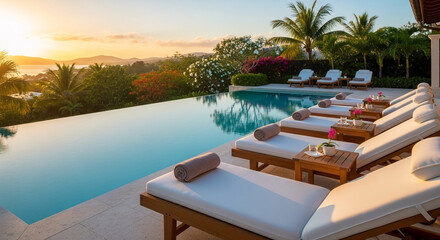 Fototapeta premium Resort infinity pool deck with sun loungers offering tranquil tropical sunset vista.