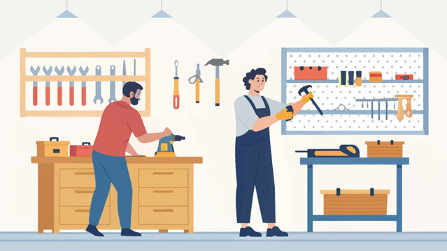 Professional workers assembling furniture in a workshop with carpenter woodworking workshop construction professional craftsman drilling industrial handyman carpentry maintenance renovation
