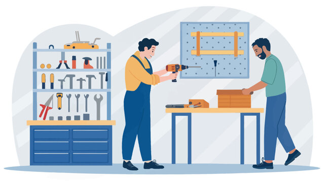 Carpenters working in a professional woodworking workshop with carpenter woodworking workshop construction professional craftsman drilling industrial handyman carpentry maintenance pegboard