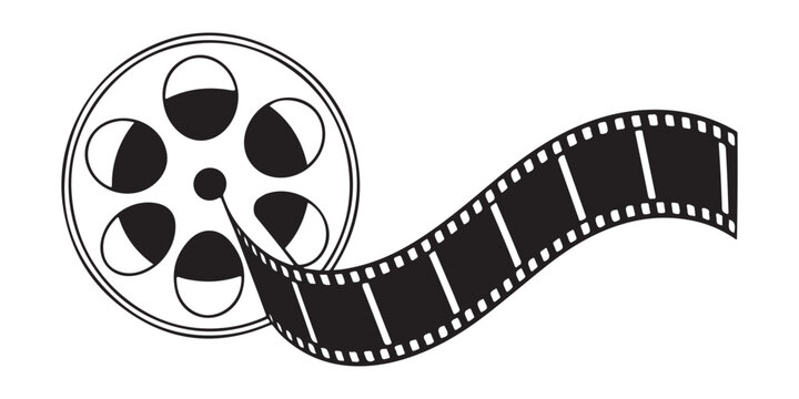 Illustration of film reel and long strip of celluloid negative for cinematography related designs.