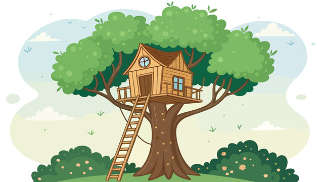 Illustration of a wooden treehouse with a ladder in a large green tree treehouse playhouse illustration adventure children backyard recreation building structure climbing vacation activity