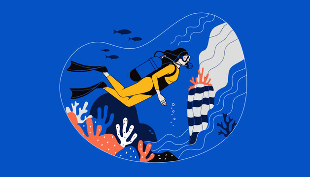 Woman scuba diver swimming underwater among coral reefs and fish in a blue ocean scene with underwater swimming adventure exploration activity equipment undersea wildlife tropical environment