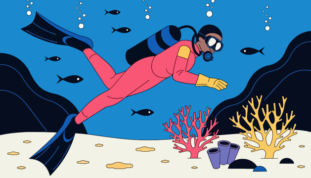 Scuba diver swimming over sandy ocean floor with colorful coral reefs and swimming fish underwater swimming adventure activity equipment exploration undersea wildlife tropical vacation