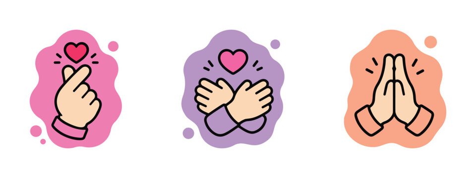 hand gesture icon collection finger heart hugging gratitude prayer emoji colorful symbol doodle style
