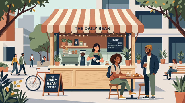 Daily Bean cafe illustration: customers enjoy coffee, outdoor service
