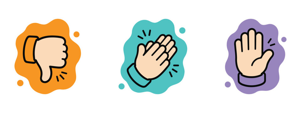 hand gesture icon collection thumbs down clapping raised colorful symbol doodle style