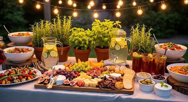 Outdoor dining table with food and drinks illuminated by string lights