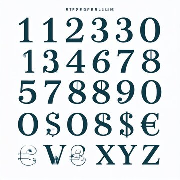 Digitized display of numbers, symbols, and letters in a simple, dark blue serif font