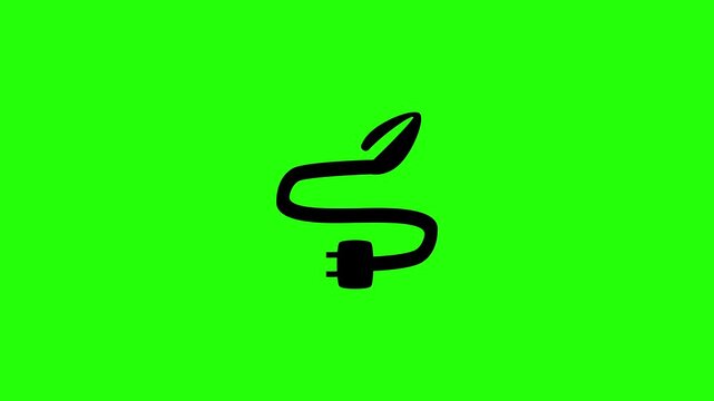 High definition 4K horizontal clip of a flexible power plug cable loop ending with an organic green leaf tip bouncing. Dynamic popup element for smart electric appliance eco labeling campaigns.
