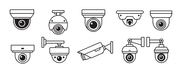 Modern security camera icons, including dome and bullet types for surveillance. © Modern