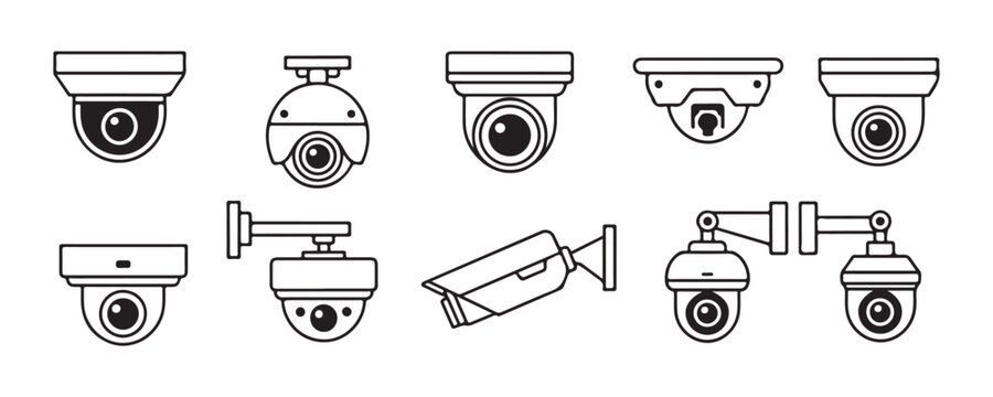 Modern security camera icons, including dome and bullet types for surveillance.