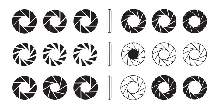 Camera shutter aperture icons showing various blade positions for photography and video settings.