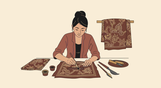 Woman creating traditional batik fabric art with wax and tools.