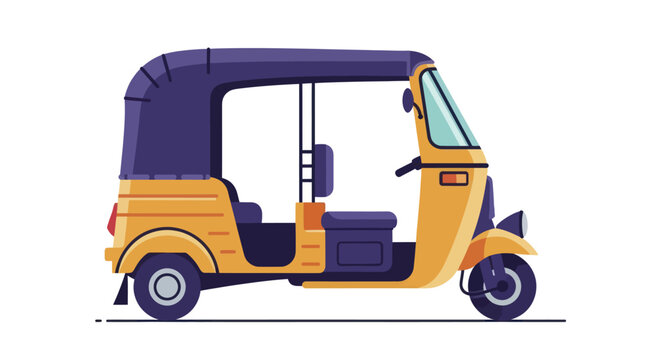 Yellow and purple auto rickshaw on white background.