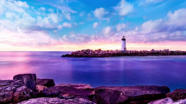 Lighthouse stands on rocky jetty beside calm Tyrrhenian Sea during sunset on the Amalfi Coast in Italy. Purple and pink skies reflect across the water