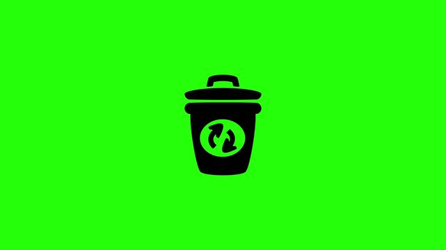 Creative 4K horizontal motion asset containing a domestic recycling waste bin tank with a prominent loop rotation arrow stamp bouncing dynamically. Unique energetic popup graphic for sorting eco garba