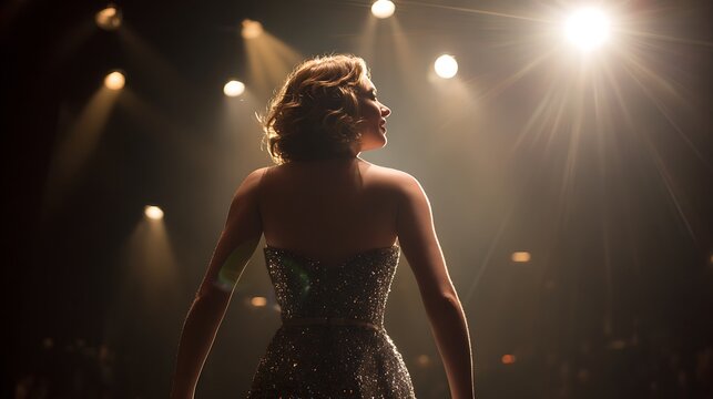 Glamorous diva in a sparkling strapless dress on stage