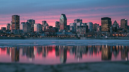 Fototapeta premium Modern urban skyline reflecting in still water at sunset for travel promotion, real estate development and corporate background with vivid purple sky at twilight
