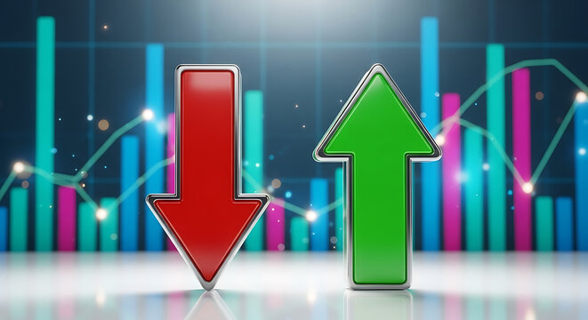 Red down arrow and green up arrow with financial chart background desig
