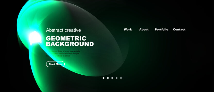 Dark background features vibrant teal geometric shapes. Text elements include headings, body copy, navigation options, plus button. Minimalist design.
