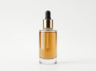 Naklejka premium Clear Glass Bottle with Dropper Cap Containing Brown Liquid Serum on White Background