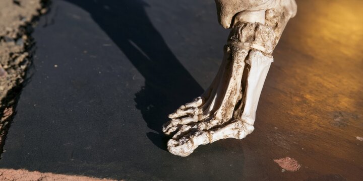 Human skeleton foot bones dancing in a flamenco pose on a dark textured surface for theatrical performance art, macabre holiday decor and anatomy teaching visuals