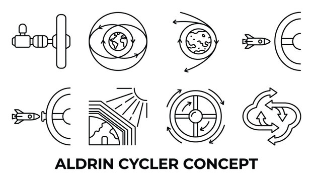 Aldrin cycler concept for space travel showing Earth orbit spacecraft rotation and cosmic exploration ideas.