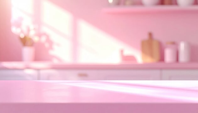 Soft Pink Kitchen Counter Illuminated by Bright Sunlight in Minimal Interior