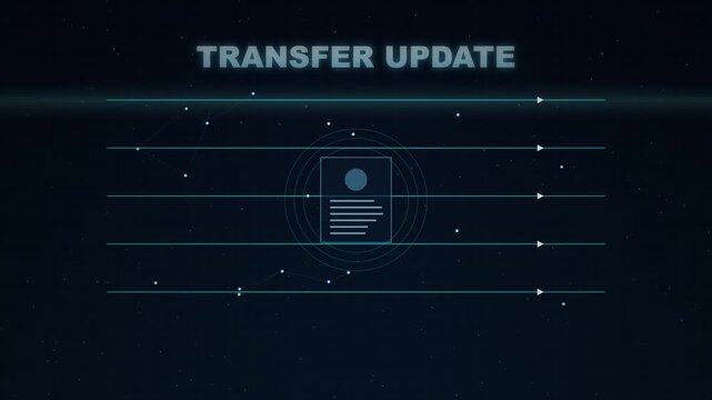 Futuristic digital interface displaying a 'TRANSFER UPDATE' message with data flow graphics and a document icon.