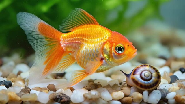 Fancy Goldfish Swimming Near Aquarium Gravel and Shell
