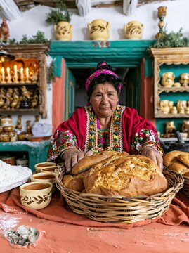 Traditional woman baker placing a basket of fresh bolillo bread on a counter for bakery morning campaigns, cultural food storytelling and artisanal breakfast promotions