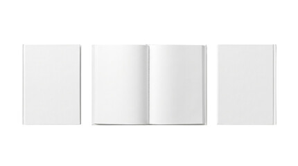 Blank open book with front and back covers, isolated on transparent background