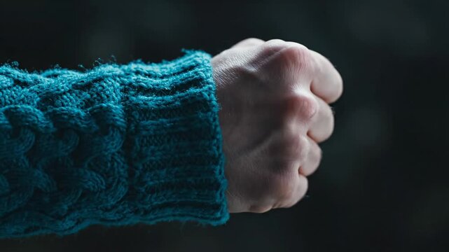 Clenched fist wearing blue knit sweater against dark background